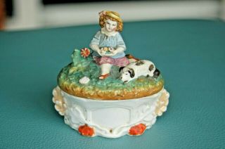 Staffordshire Fairing Trinket Box Girl In Field With Flowers & Dog Victorian
