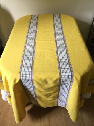 Large Vintage Linen Tablecloth Heavy Linen.  Mustard.  Textured Stripes.  72 " X 53 "