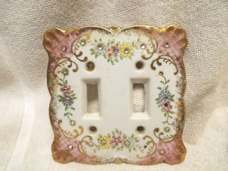 Vintage Lefton Porcelain Double Light Switch Cover Plate Floral With Gold Trim