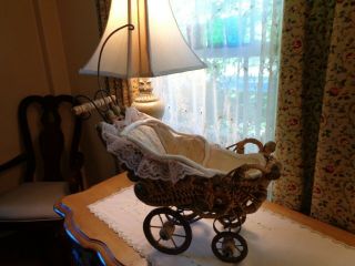 Fabulous Antique Baby Doll Carriage - Wicker,  Wood & Rod Iron - Lace Bedding