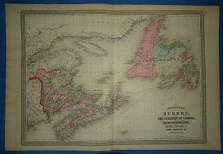 Vintage 1872 Quebec,  Canada Map Old Antique Johnson 