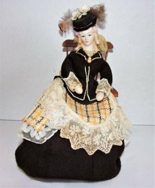 Vintage Shackman Victorian Bisque & Wood 10 " Doll With Chair - Japan