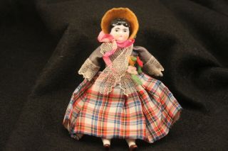 Antique Vintage German China Head Doll Small 5 " Dollhouse Black Hair
