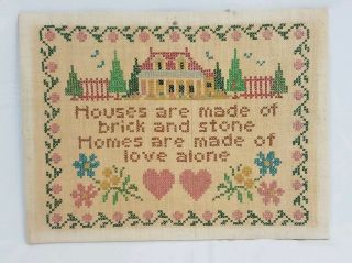 Vintage Cross Stitch Sampler Houses And Homes Antique 15x11