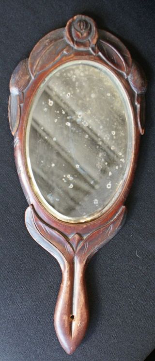 Antique 19th Century Hand Carved Wood Floral & Leaf Vanity Hand Beveled Mirror