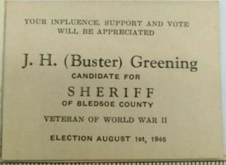 1946 Bledsoe County Tn Political Campaign Card Sheriff Jh Buster Greening