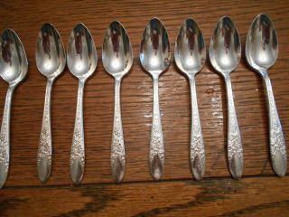 8 National Silver Co 1937 Rose & Leaf Pattern Demitasse Spoons Silverplate