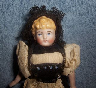 Antique German Bisque & Cloth Doll 6 " Dollhouse Doll House Dressed Lady Doll