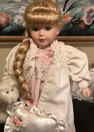 Victorian Doll 16 " Tall Comes With Teddy Bear & Pillow Ready For Bed