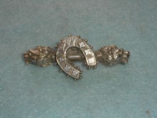 Unusual Antique Victorian Sterling Silver Horseshoe And Lions Heads Brooch Pin