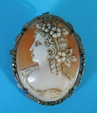 Antique Carved Shell Cameo Pendant / Brooch / Pin In Marcasite Studded Mount