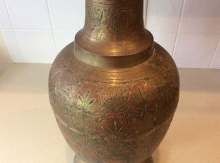 Antique/Vintage Very Large Brass Vase Etched Engraved Enameled India? 26 