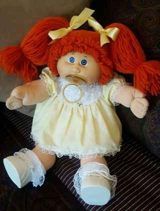 Vintage Cabbage Patch Doll Red Ponytails Paci Blue Eyes " Ok " Tag Clothes Kid