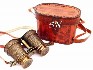 Antique Maritime Engraved Solid Brass VIC Binocular with Leather Box 2