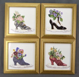 Set Of 4 Victorian Shoe Print Floral Framed Art Shabby Chic Home Wall Decor
