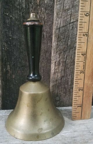 Old Antique Brass School Teacher Hand Bell,  Dinner Bell,  Wood Handle 6 "
