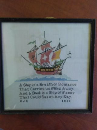 Antique Vintage 1928 Framed Hand Embroidered Needlework Embroidery English Ship