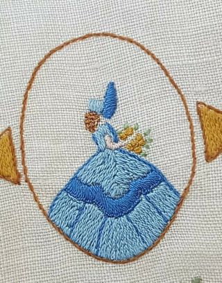 Gorgeous Blue Cameo Crinoline Lady Vtg Hand Embroidered Small Doily Pink Roses