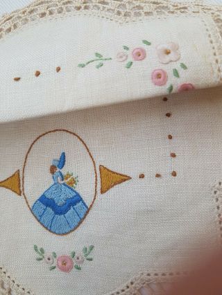 Gorgeous Blue Cameo CRINOLINE Lady Vtg Hand embroidered Small Doily Pink Roses 4