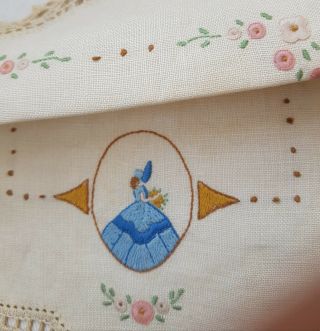 Gorgeous Blue Cameo CRINOLINE Lady Vtg Hand embroidered Small Doily Pink Roses 5