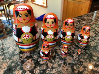 Ussr/russia Set Of 7 Nesting Dolls Maidens,  Hand Painted,  Cherry Baskets