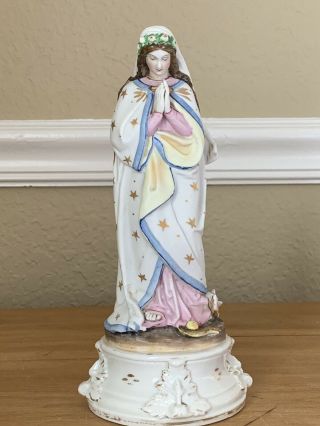 Antique Vintage Porcelain Bisque Statue Virgin Mary Madonna French France 9.  5 "