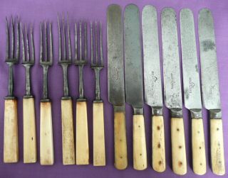Antique Harlequin Set Of 6 Knives & Forks With Domesticated Animal Bone Handles