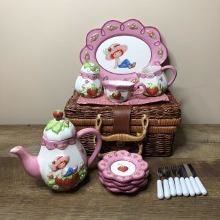 Collectible Porcelain Strawberry Shortcake Tea Set Plates Cups W Picnic Basket