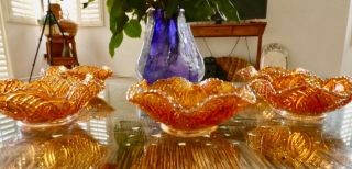 Antique Fenton Marigold Carnival Glass Orange Ruffled Nut Bowls