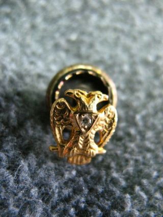 Masonic Mason Double Eagle 10k Solid Gold With Real Diamond Sterling Tack Pin
