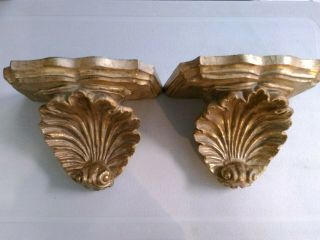 Hollywood Recency Ornate Gold Florentine Large Shell Wall Shelves Vintage Pair