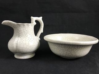 Miniature ' Antique ' Pottery Wash Basin and Pitcher Crackle Glaze 3