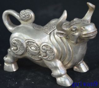 Collectable Handwork Miao Silver Carve Wealth Cow Rhinoceros Royal Old Statues