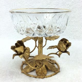 Italian Tole Vintage ::gold Roses:: Gilt Candy Dish Compote Glass