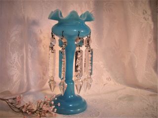 Mantle Lusters Blue Opaline Hand Blown Glass Antique Blue Candle Holders