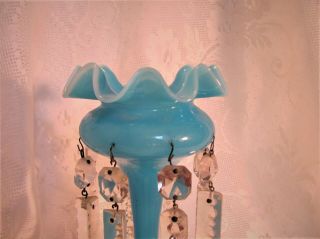 Mantle Lusters Blue Opaline Hand Blown Glass Antique Blue Candle Holders 2
