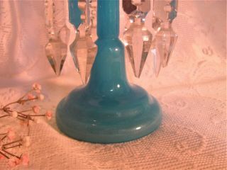 Mantle Lusters Blue Opaline Hand Blown Glass Antique Blue Candle Holders 4