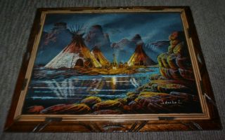 Vtg Black Velvet Painting Native American Indian Village Teepee Signed Sanchez