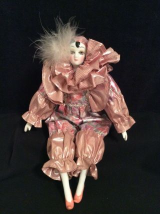 Porcelain Jester Clown Mardi Gras Doll 10 "