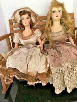 2 Vintage Boudoir Dolls 26” 23” Old Composition Plastic Needs Tlc Torn Dress’s