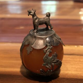 Old Chinese Dragon Ball Zodiac Asian Figure Silver Tone Metal Orange Jade Dog