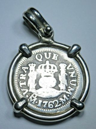 Authentic 1762 Spanish Silver 1/2 Reales Treasure Pendant Antique Coin