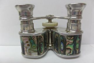 2 Antique Prismatic Opera Glasses Binoculars - Abalone & White Pearl - Aluminum 2