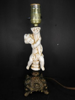 Vintage Ornate Brass Base Cherub Angel Lamp Plaster Ivory Looking Decorative