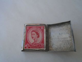 Interesting Small Antique White Metal Postage Stamp Holder & Stamp Odd Curio