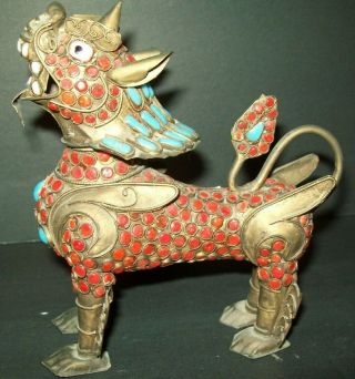 Vintage Chinese Turquoise & Coral Encrusted Foo Dog Incense Burner