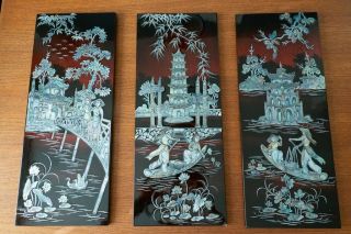 Three Panel Chinese/asian/oriental Mother Of Pearl Lacquered Wall Hang Pictures