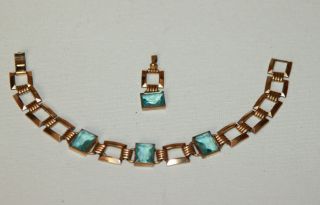2 Piece Antique Art Deco Signed Simmons Blue Rhinestone Bracelet & Pendant