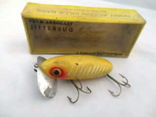 Vintage Metal Lip Fred Arbogast Jitterbug Fishing Lure Yellow Silver Striped Box