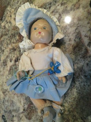 Small 7” Jointed Composition Toddler Doll Blue Bonnet & Dress Bluebird/rattle